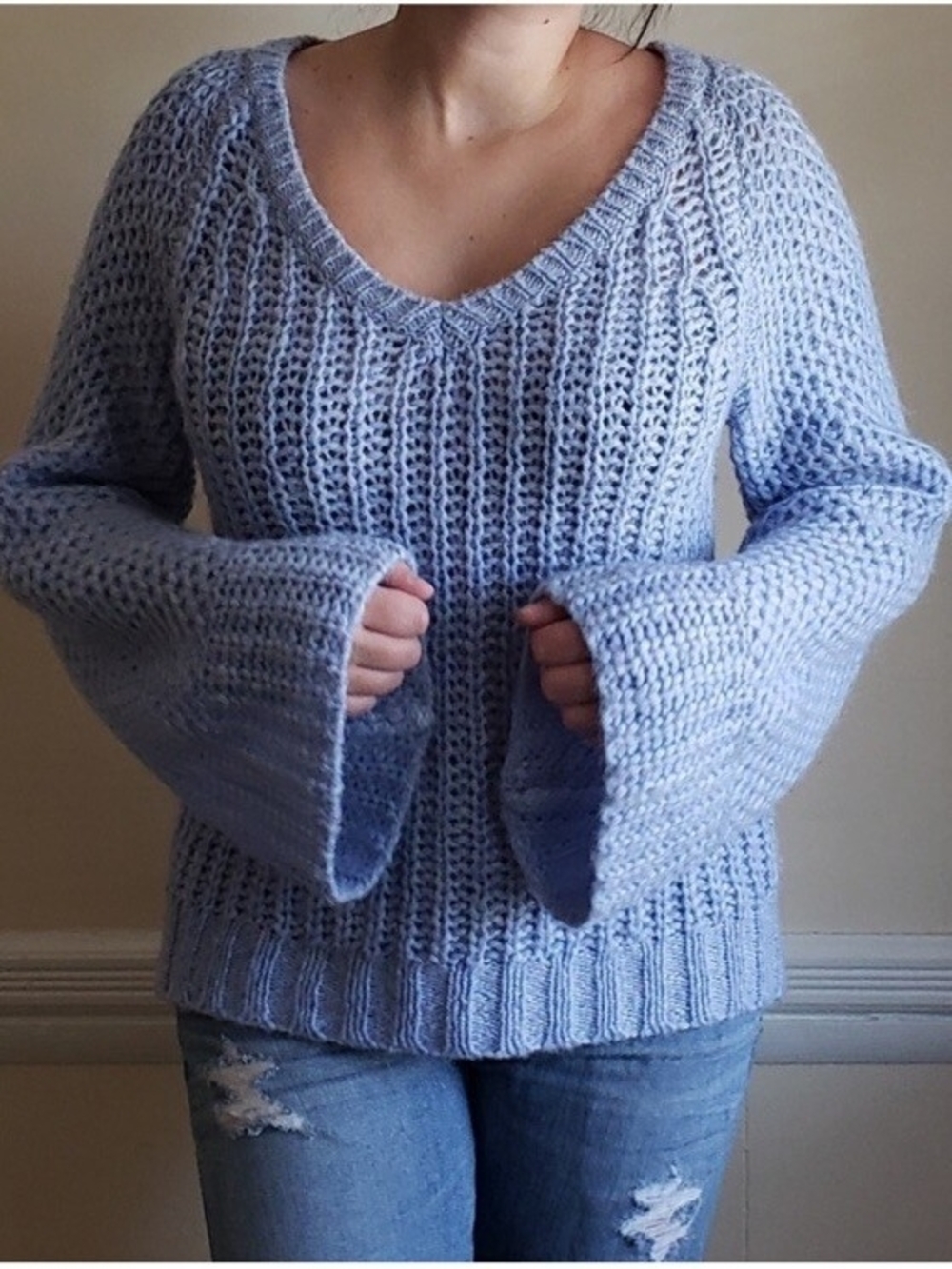 Moth Light Blue Scoop Neck Bell Sleeve Knit Sweater